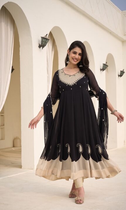 Black chinnon Anarkali suit