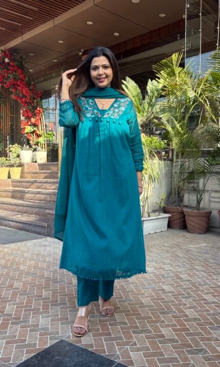 Teal Embroidered mul mul cotton suit