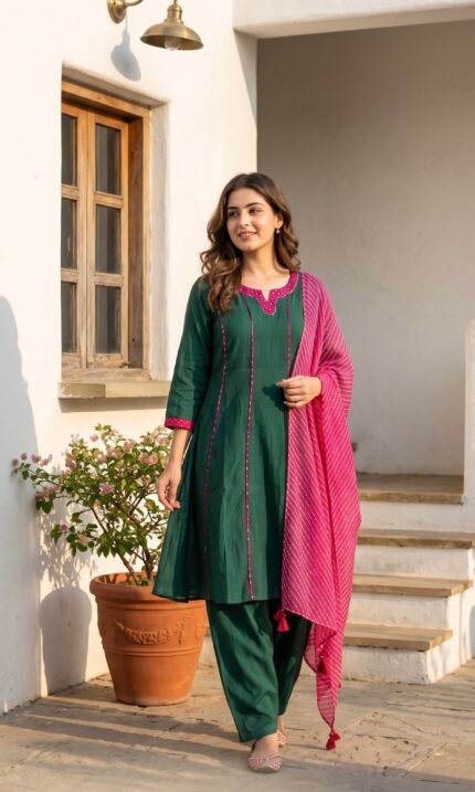 Green mul Chanderi farshi suit