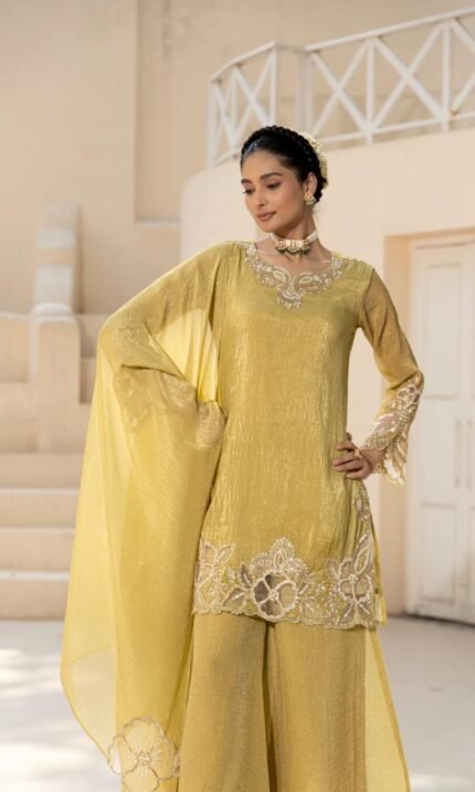 Embroidered lime yellow suit